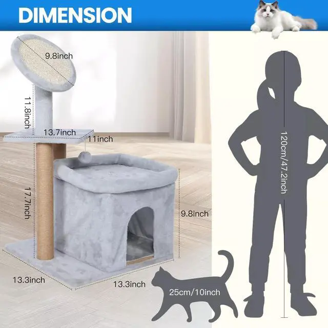 Alt view image 3 of 7 - 33 inch Small Cat Tree Tower Cat Playhouse with Hanging Ball for Play Grey