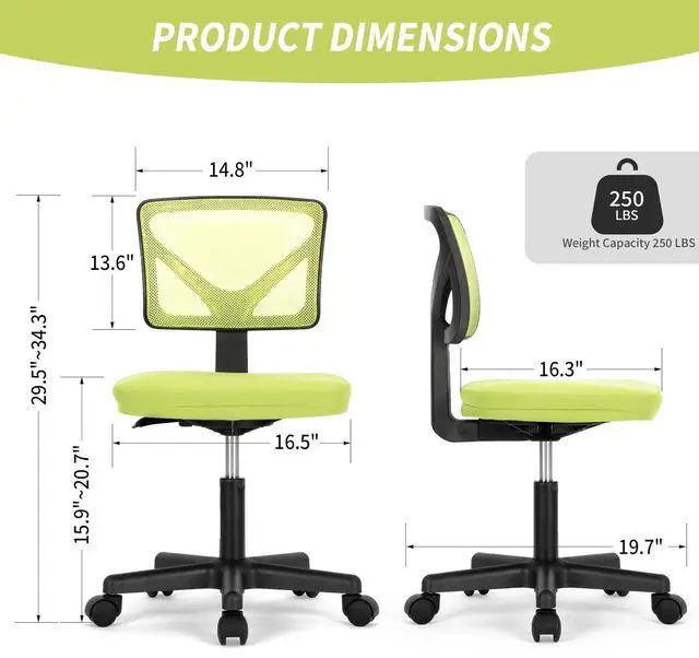 Alt view image 4 of 7 - Low-Back Mesh Armless Office Chair Swivel Rolling Chair with Lumbar Support