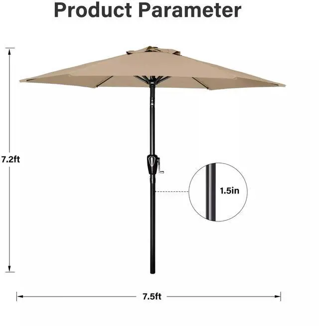 Alt view image 2 of 7 - 7.5ft Umbrella with 6 Sturdy Ribs Push Button Tilt for Outdoor Market Pool Tan