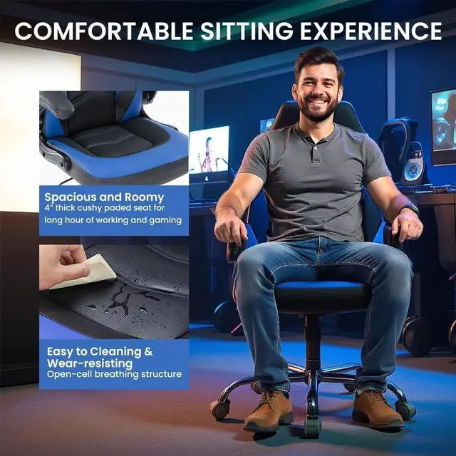 Alt view image 7 of 7 - Ergonomic Gaming Chair Adjustable Swivel PU Leather for Home Office Blue