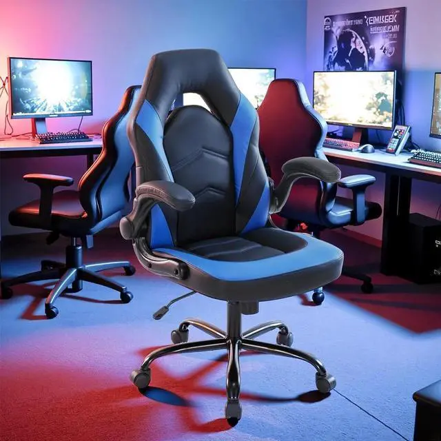 Alt view image 6 of 7 - Ergonomic Gaming Chair Adjustable Swivel PU Leather for Home Office Blue