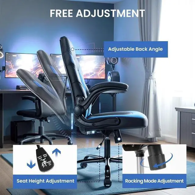 Alt view image 5 of 7 - Ergonomic Gaming Chair Adjustable Swivel PU Leather for Home Office Blue
