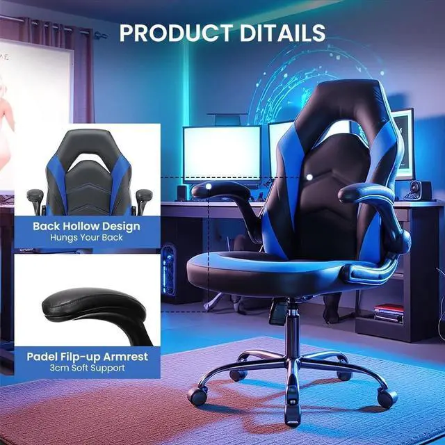 Alt view image 4 of 7 - Ergonomic Gaming Chair Adjustable Swivel PU Leather for Home Office Blue