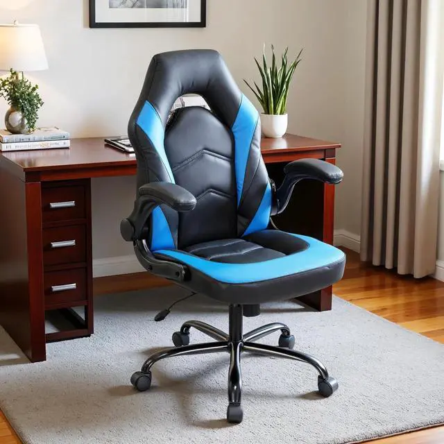 Alt view image 3 of 7 - Ergonomic Gaming Chair Adjustable Swivel PU Leather for Home Office Blue