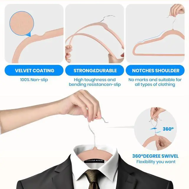 Alt view image 6 of 7 - Velvet Hangers 70 Pack Non-Slip Clothes Hangers with Shoulder Notches Pink