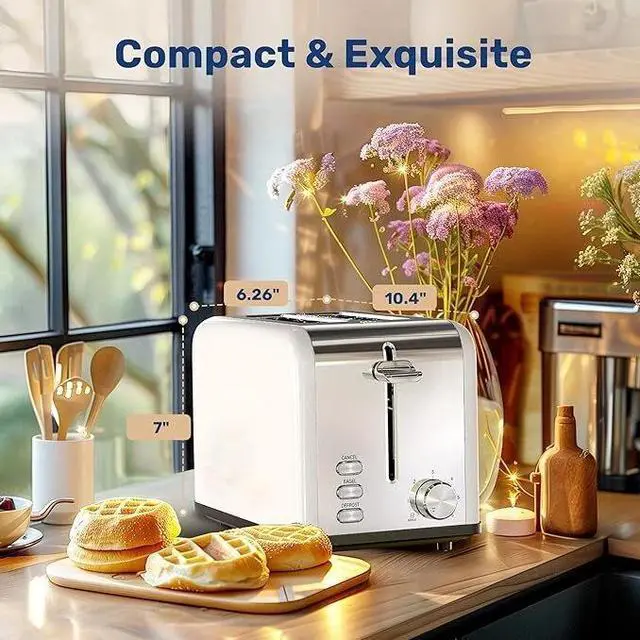 Alt view image 3 of 7 - 2-Slice White Toaster with 6 Browning Setting and 3 Function for Bread & Waffle