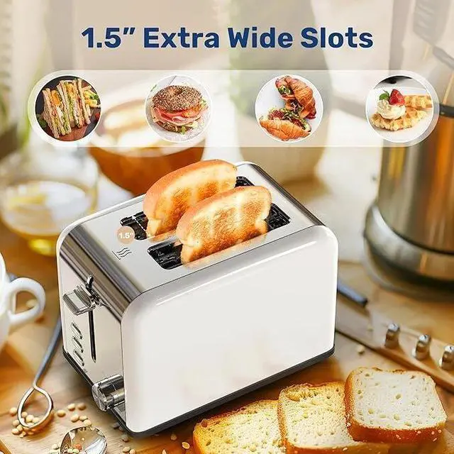 Alt view image 4 of 7 - 2-Slice White Toaster with 6 Browning Setting and 3 Function for Bread & Waffle