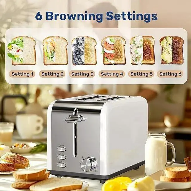 Alt view image 5 of 7 - 2-Slice White Toaster with 6 Browning Setting and 3 Function for Bread & Waffle