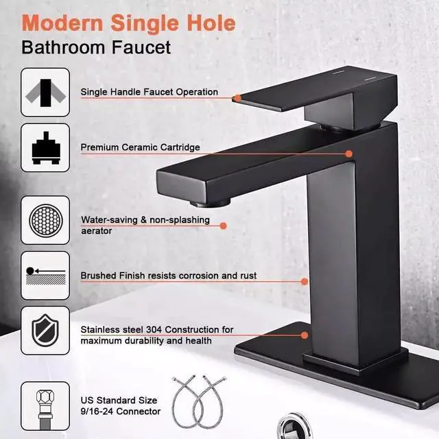 Alt view image 2 of 7 - Bathroom Faucet Set with Pop Up Drain Single Handle Black Bathroom Sink Faucet