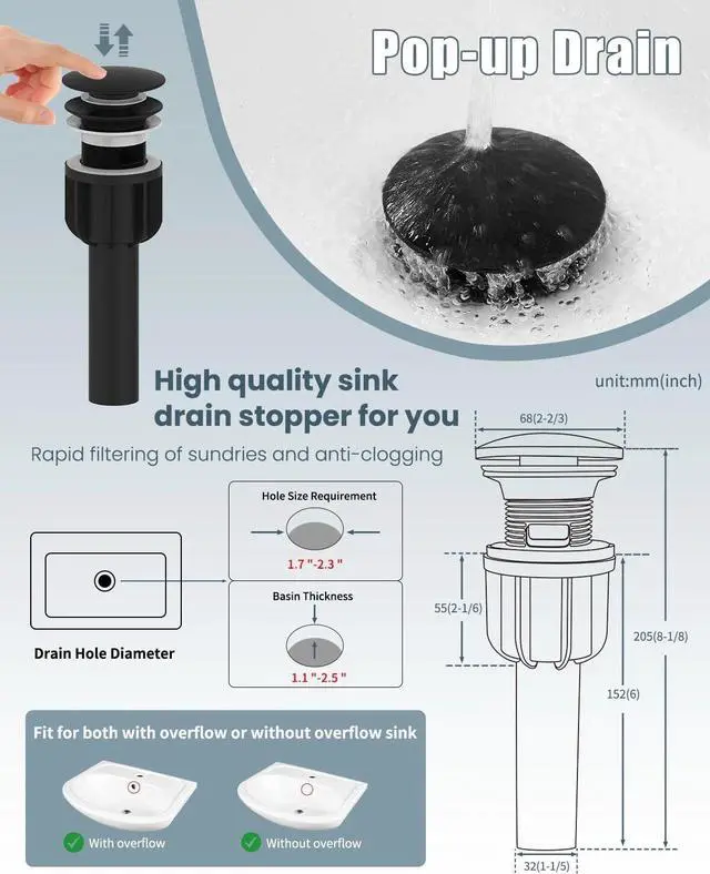Alt view image 7 of 7 - Bathroom Faucet Set with Pop Up Drain Single Handle Black Bathroom Sink Faucet