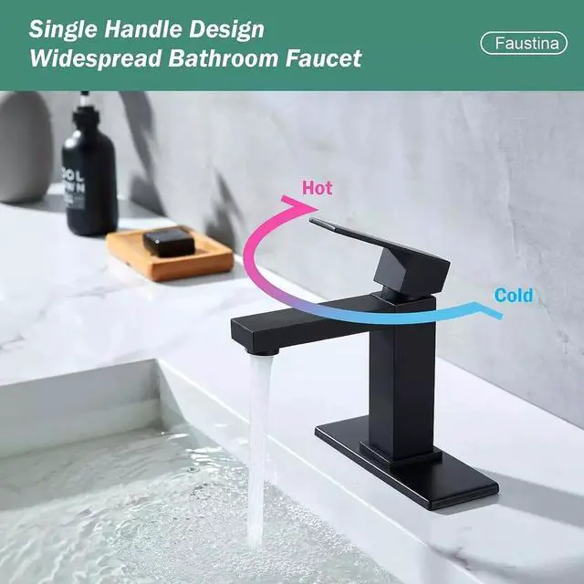 Alt view image 3 of 7 - Bathroom Faucet Set with Pop Up Drain Single Handle Black Bathroom Sink Faucet