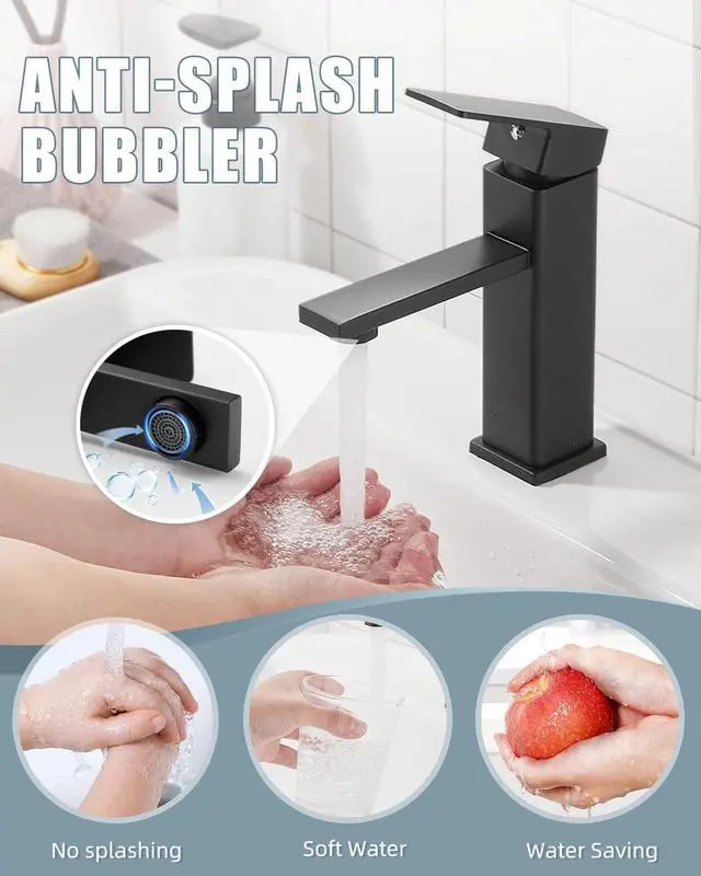 Alt view image 5 of 7 - Bathroom Faucet Set with Pop Up Drain Single Handle Black Bathroom Sink Faucet