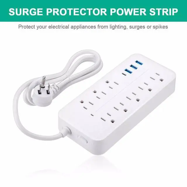 Alt view image 4 of 7 - Surge Protector Power Strip- Flat Plug Extension Cord with 8AC Outlets and 3 USB