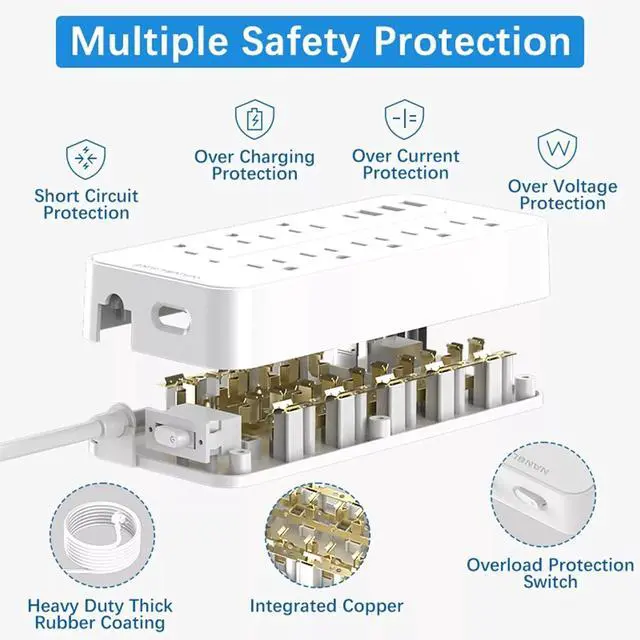 Alt view image 5 of 7 - Surge Protector Power Strip- Flat Plug Extension Cord with 8AC Outlets and 3 USB