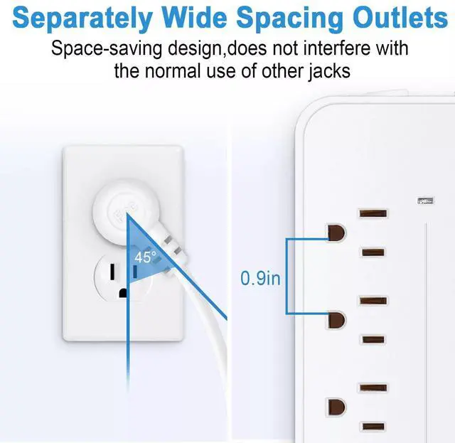 Alt view image 2 of 7 - Surge Protector Power Strip- Flat Plug Extension Cord with 8AC Outlets and 3 USB