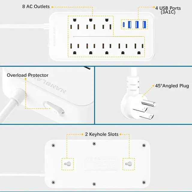 Alt view image 7 of 7 - Surge Protector Power Strip- Flat Plug Extension Cord with 8AC Outlets and 3 USB