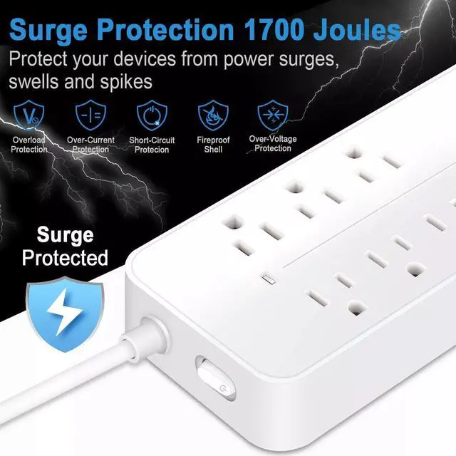 Alt view image 3 of 7 - Surge Protector Power Strip- Flat Plug Extension Cord with 8AC Outlets and 3 USB