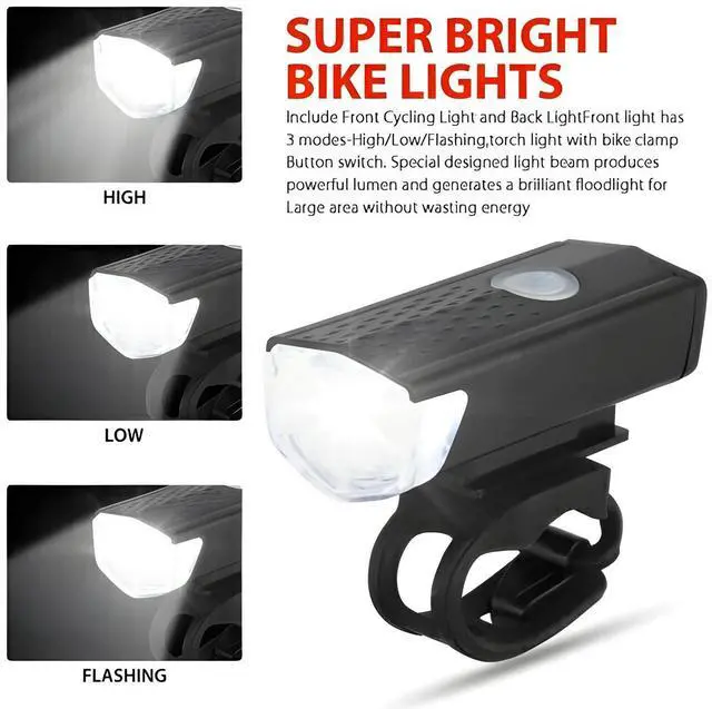 Alt view image 5 of 7 - 2 Sets USB Rechargeable LED Bicycle Headlight Bike Front Rear Lamp Cycling