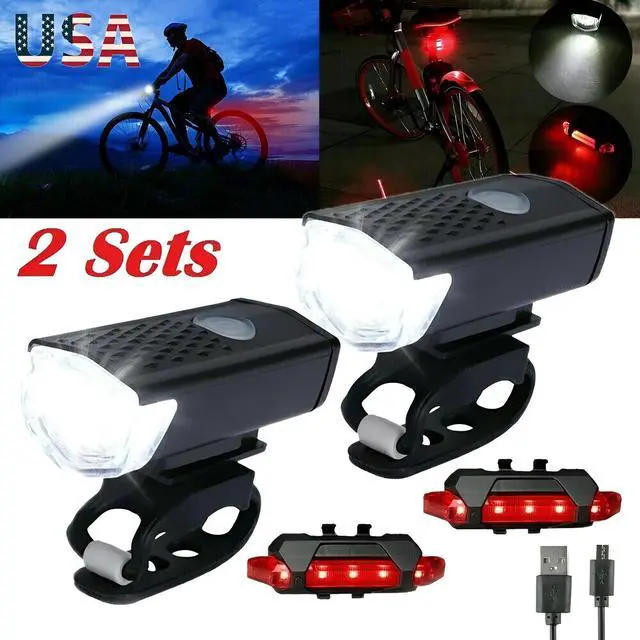 Alt view image 2 of 7 - 2 Sets USB Rechargeable LED Bicycle Headlight Bike Front Rear Lamp Cycling