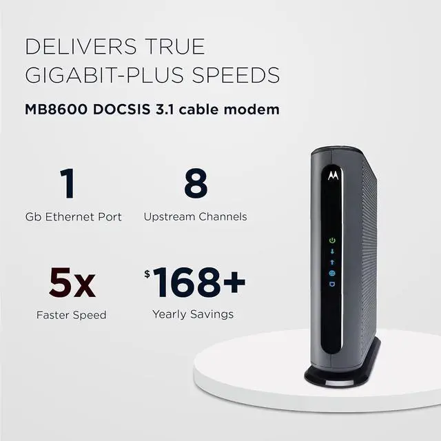 Alt view image 2 of 7 - Motorola MB8600 DOCSIS 3.1 Cable Modem - Approved for Comcast Xfinity, Cox, and Charter Spectrum, Supports Cable Plans up to 1000 Mbps | 1 Gbps Ethernet Port