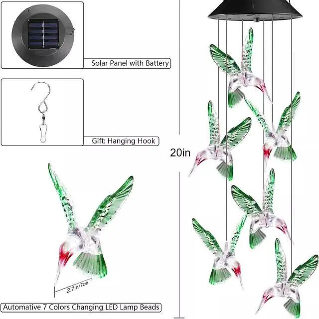 Alt view image 2 of 7 - Solar Wind Chimes Lights LED Color Changing Hanging Hummingbird Ball Garden Lamp