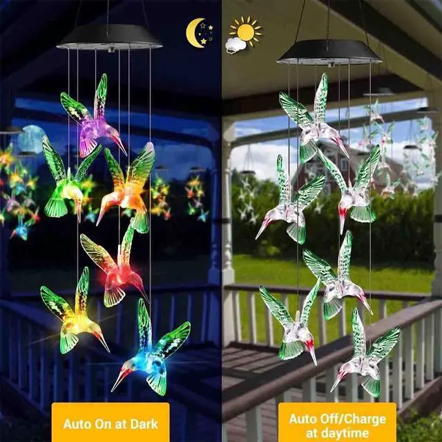 Alt view image 4 of 7 - Solar Wind Chimes Lights LED Color Changing Hanging Hummingbird Ball Garden Lamp
