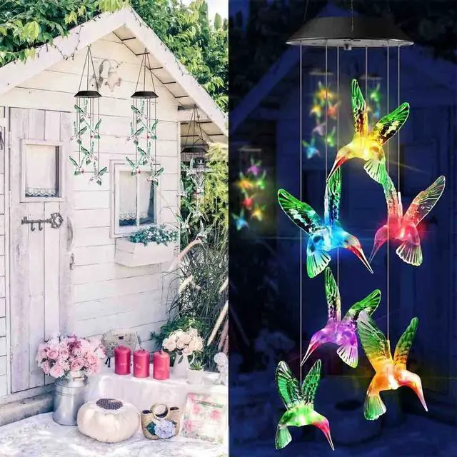 Alt view image 5 of 7 - Solar Wind Chimes Lights LED Color Changing Hanging Hummingbird Ball Garden Lamp