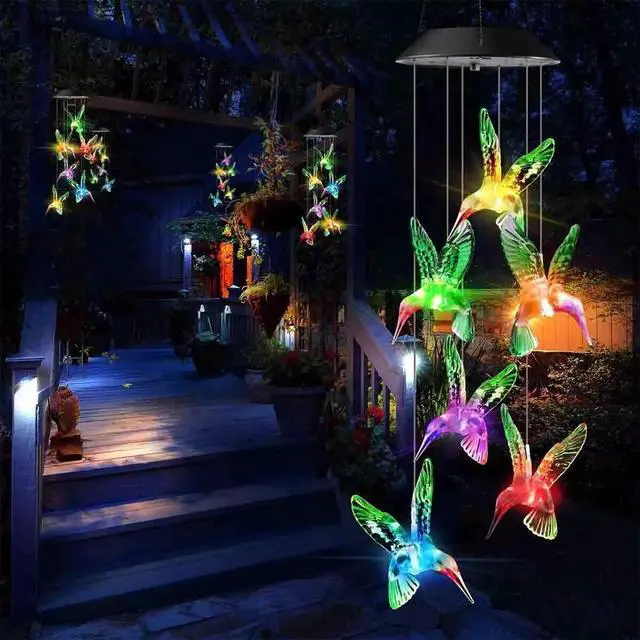Alt view image 7 of 7 - Solar Wind Chimes Lights LED Color Changing Hanging Hummingbird Ball Garden Lamp