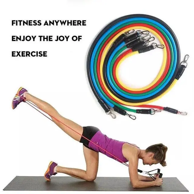 Alt view image 6 of 7 - 11 PCS Resistance Band Set Yoga Pilates Abs Exercise Fitness Tube Workout Bands