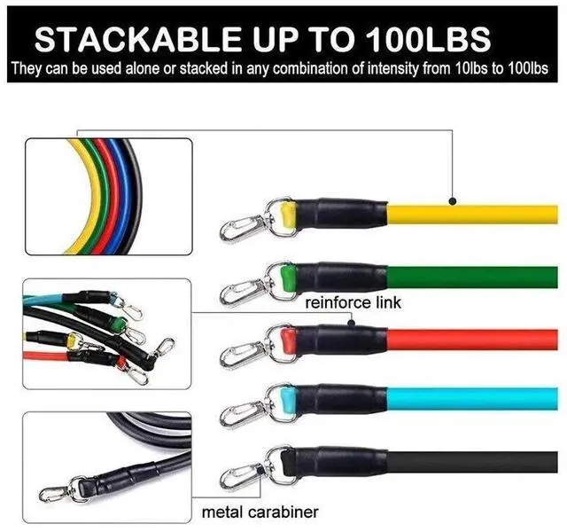 Alt view image 7 of 7 - 11 PCS Resistance Band Set Yoga Pilates Abs Exercise Fitness Tube Workout Bands