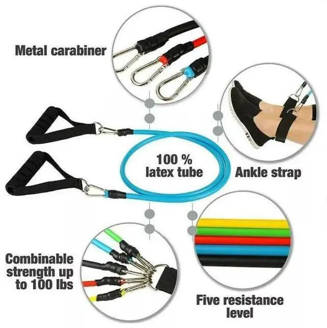 Alt view image 4 of 7 - 11 PCS Resistance Band Set Yoga Pilates Abs Exercise Fitness Tube Workout Bands