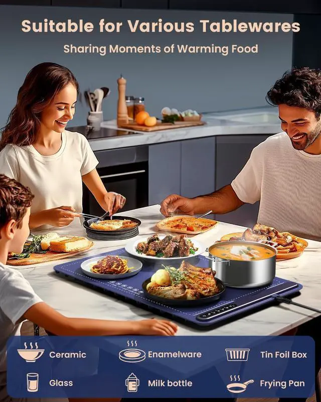 Alt view image 3 of 7 - Food Warming Mat - Fast Heating Silicone Electric Warming Tray with 4 Level Temperature, Raised Feet Protects Table, Roll Up Buffet Hot Plates Heat Pad, Portable Food Warmer for Parties Home Travel
