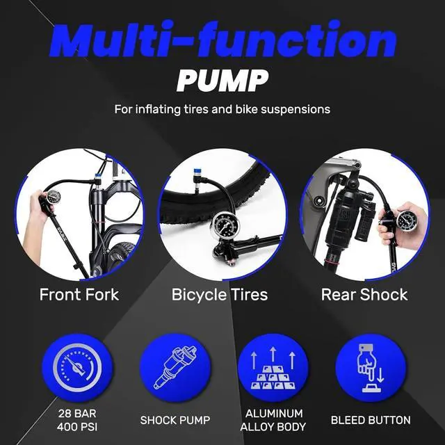 Alt view image 2 of 7 - High Pressure Bike Shock Pump 400 psi Schrader Lightweight Tires Fork Suspension
