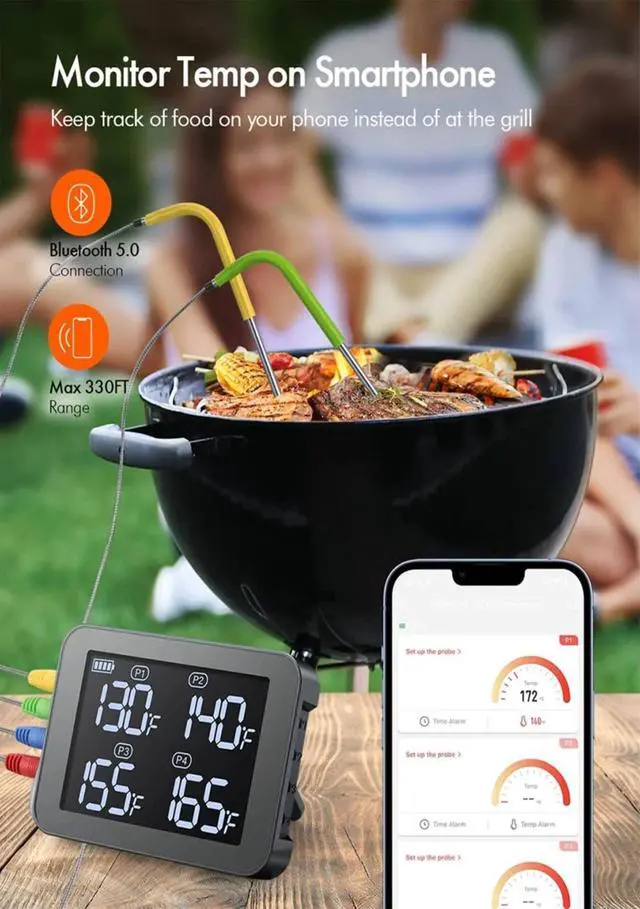Alt view image 2 of 7 - Bluetooth 4 Probe Meat Thermometer Wireless Roast BBQ Turkey Kitchen Cooking