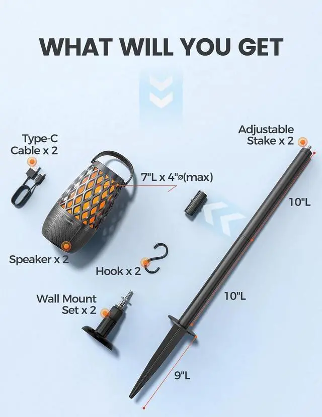 Alt view image 4 of 7 - Outdoor Bluetooth Speaker Pair Flickering Flame Tiki Torch TWS Wall Mount/Stakes