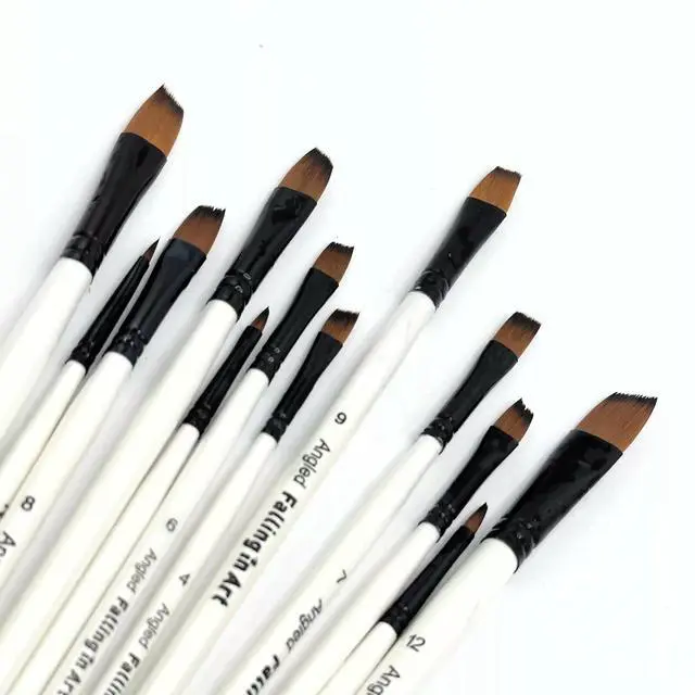 Main image of 12p Nylon Angled Paint Brushes Watercolor Oil Painting Acrylic Nail Craft Hobby