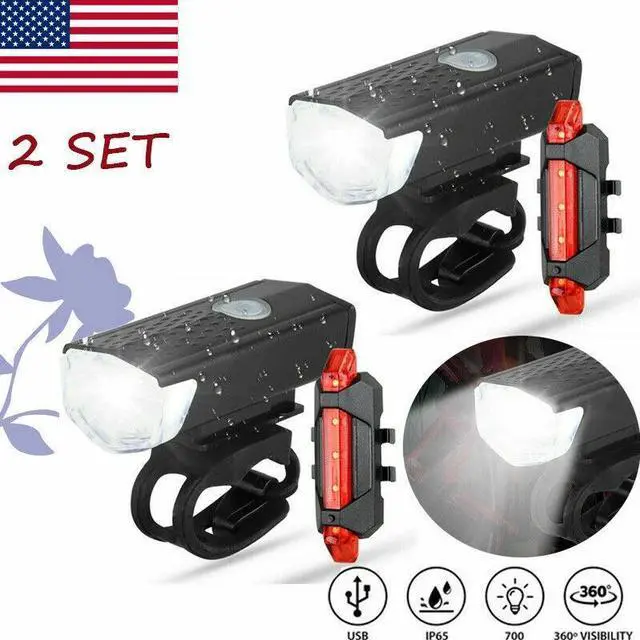 Alt view image 2 of 7 - 2Pcs/Set USB Rechargeable LED Bicycle Headlight Bike Front Rear Lamp Cycling USA