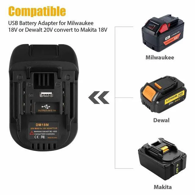 Alt view image 4 of 7 - USB Battery Adapter Converter For 20V DEWALT Milwaukee M18 Convert To Makita 18V