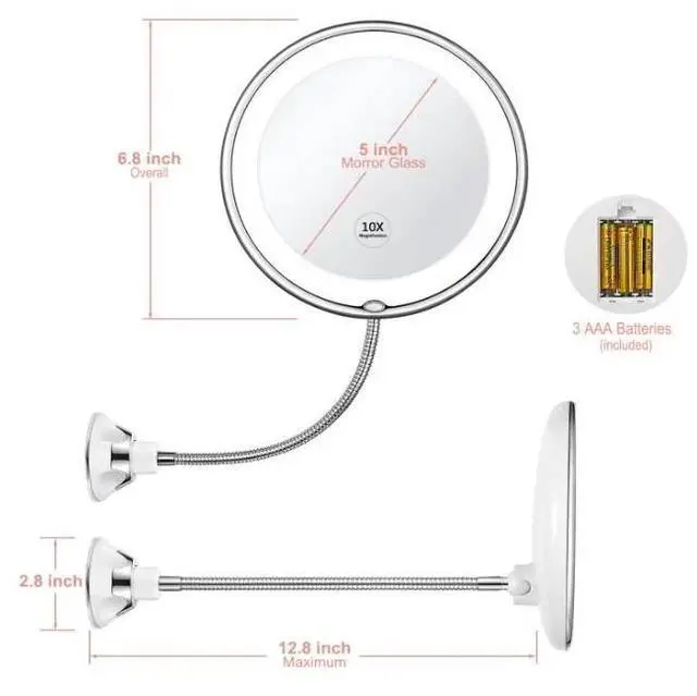 Alt view image 3 of 4 - KEDSUM Flexible Gooseneck 6.8" 10x Magnifying LED Lighted Makeup Mirror