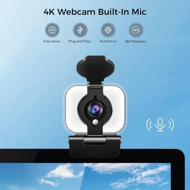 Alt view image 3 of 7 - 4K Ultra HD USB Webcam, Pro Streaming Web Camera Built in Microphone &Ring Light