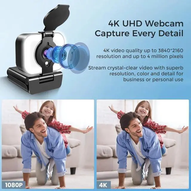 Alt view image 4 of 7 - 4K Ultra HD USB Webcam, Pro Streaming Web Camera Built in Microphone &Ring Light