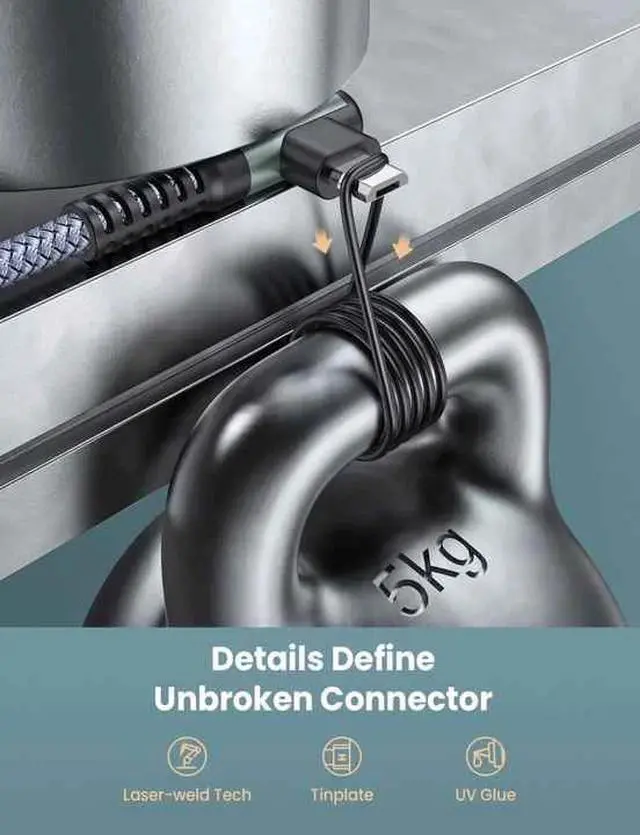 Alt view image 7 of 7 - USB-USB-C 90° Braided Charge Cable 6ft/10Gbps 100W 5A iPhone 15 16 Pro Car Play