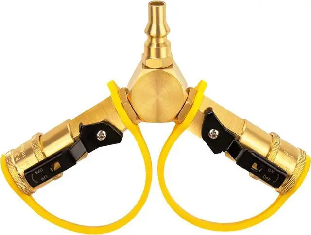 Main image of 1/4" RV Propane Quick Connect Y Splitter with Shutoff Valve Camping 2 Way Tank