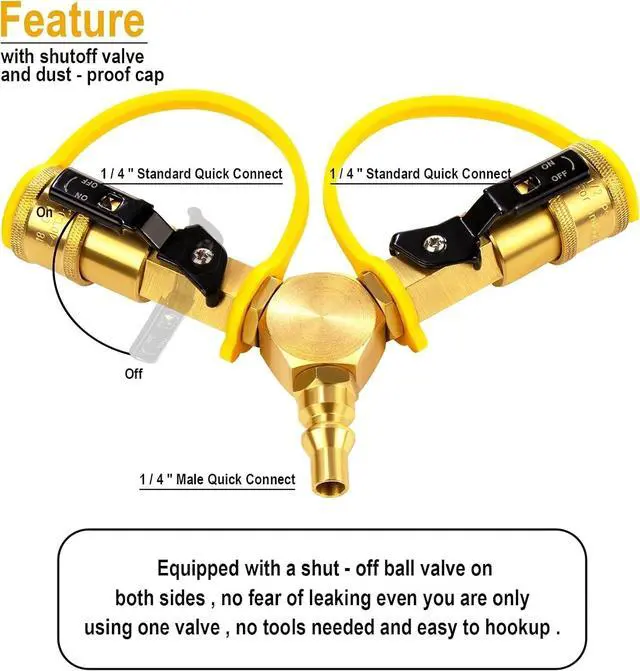 Alt view image 6 of 7 - 1/4" RV Propane Quick Connect Y Splitter with Shutoff Valve Camping 2 Way Tank