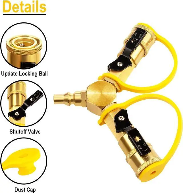 Alt view image 3 of 7 - 1/4" RV Propane Quick Connect Y Splitter with Shutoff Valve Camping 2 Way Tank