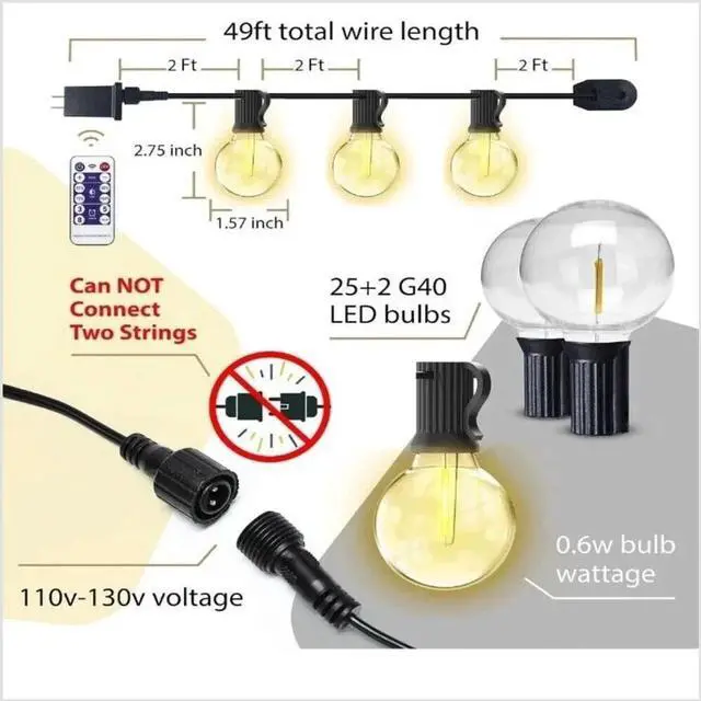 Alt view image 2 of 5 - Outdoor LED String Lights G40 w/ Remote 49ft Waterproof 2200K Party Patio Yard