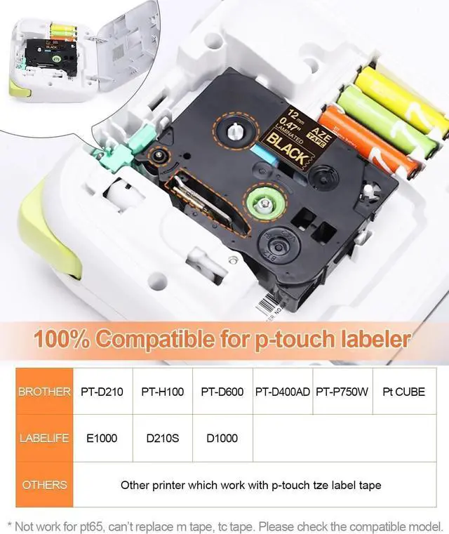 Alt view image 2 of 6 - 2-PACK Tape for Brother P-Touch TZe Label Maker 12mm GOLD Ink on Laminated BLACK