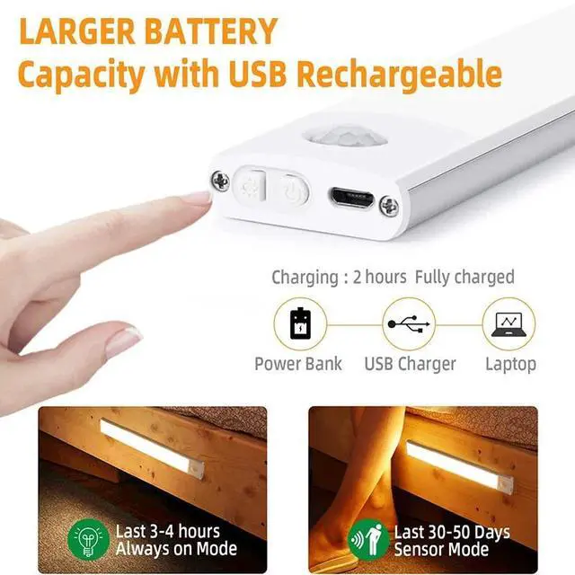 Alt view image 3 of 7 - LED Motion Sensor Under Cabinet Closet Light USB Rechargeable Kitchen Lamp Strip