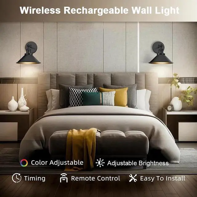 Alt view image 3 of 7 - 2 Pack Battery Operated Wall Sconces w/ Remote Dimmable Wireless LED Wall Lamp