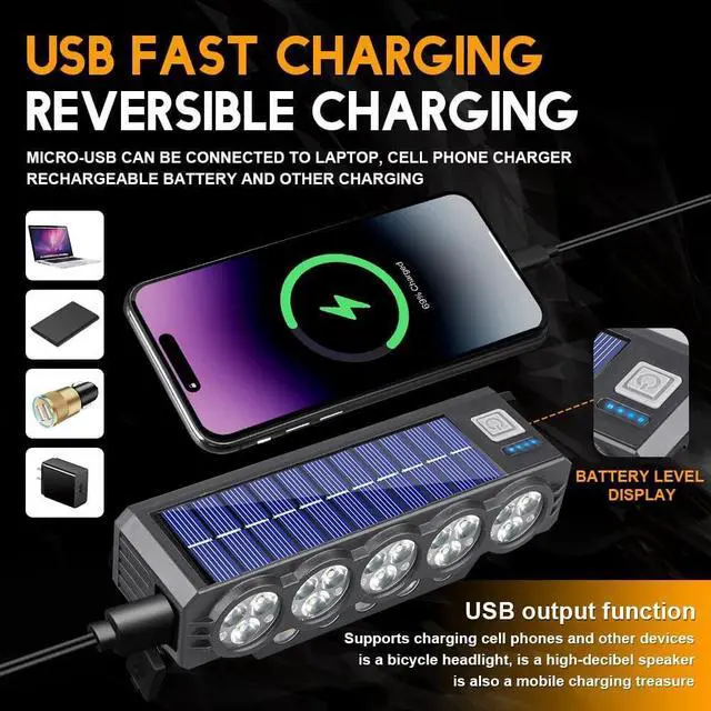 Alt view image 6 of 7 - Solar Powered Bike Light, USB-C Rechargeable LED Bike Headlight, with Speaker